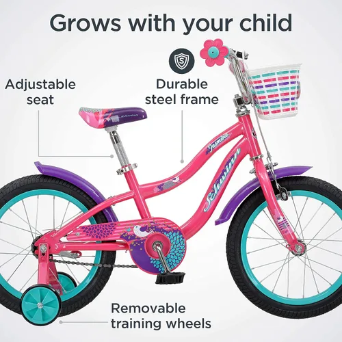 Vista 4 de Schwinn Jasmine - Bicicleta infantil con ruedas de entrenamiento, ruedas de 16 pulgadas, niños y niñas de 3 a 5 años de edad, canasta, posavasos