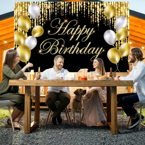 Vista 6 de Cartel de feliz cumpleaños negro y dorado con texto en inglés «It's My Birthday», telón de fondo para baby shower, fiesta interior y exterior
