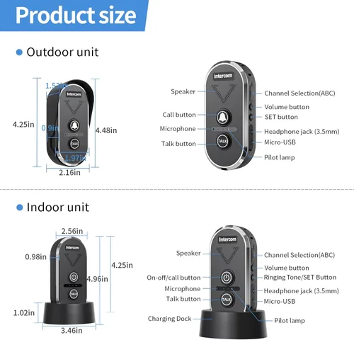 Vista 8 de Timbre inalámbrico con intercomunicador de voz de altavoz, intercomunicador de conversación bidireccional con 3 canales, volumen de 3 niveles