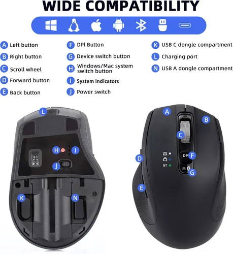Vista 7 de Mouse inalámbrico Bluetooth con USB-A, receptor USB-C, recargable, 3 dispositivos, tamaño completo, clic silencioso, mouse ergonómico para Negro