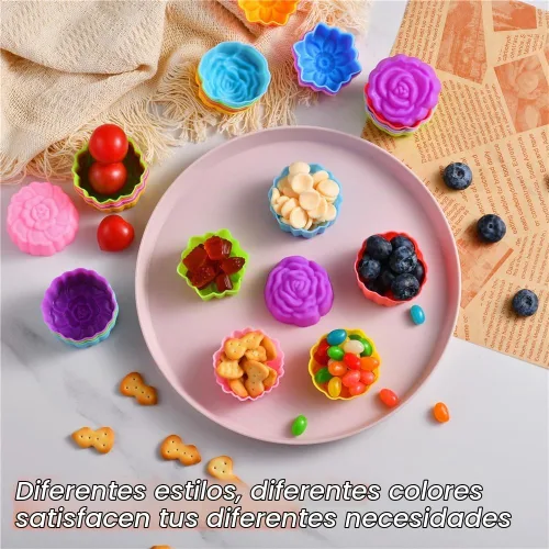 Vista 4 de Vasos de silicona reutilizables para hornear, forros de silicona de tamaño mini de 2 pulgadas para hornear, forros de muffins con múltiples formas