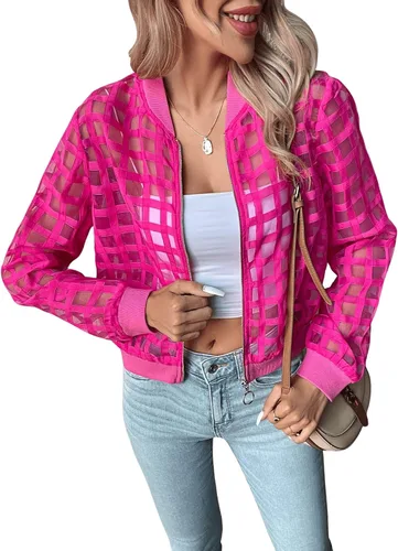 Vista 5 de Floerns Chaqueta bomber de manga larga con cuello de béisbol con cremallera para mujer