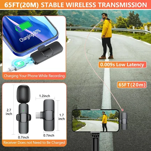 Vista 7 de Micrófono inalámbrico para iPhone, teléfono Android, portátil, paquete de 2 micrófonos Lavalier para grabación de video, micrófonos mini