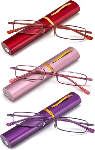 Vista 14 de REAVEE - 2 unidades de gafas de lectura con bolígrafo delgado para hombres y mujeres, tamaño pequeño de bolsillo, tubo con bisagra de resorte