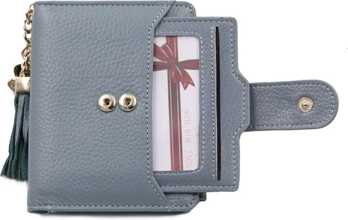Vista 4 de Mini cartera plegable de cuero suave con protección RFID, para mujer, con funda para tarjeta, con ventana de identificación, monedero