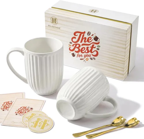 Vista 11 de Taza de café de cerámica HASENSE, taza grande de café de 20 oz con asa, taza de porcelana para café, té y cacao con diseño acanalado moderno, apta