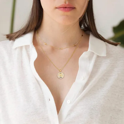 Vista 4 de Aobei Pearl Collar chapado en oro de 18 quilates con dije de cruz de corazón, corazón, estrella, león, mal de ojo, amor, medallón, clip de papel