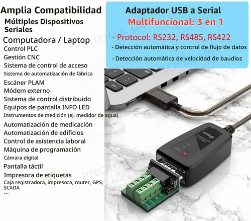 Vista 3 de DTECH Adaptador USB a serie RS422 RS485 R232 a cable USB (interfaz 3 en 1) soporta CC 5V con placa de ruptura luces LED para dispositivos de control