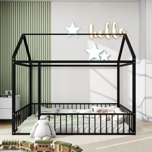Vista 3 de HAUSHECK Montessori Cama para niños pequeños, cama de piso tamaño individual para niños y niñas, camas Montessori con rieles y techo, marco de cama