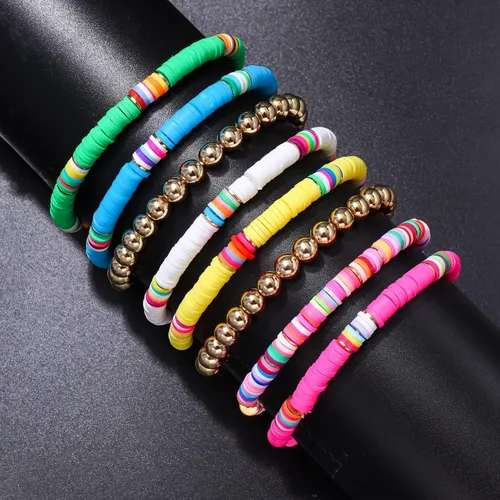 Vista 47 de Surfer Heishi - Pulseras apilables para mujer, apilables, de vinilo arcoíris, disco de arcilla, pulseras elásticas para la amistad, joyería bohemia