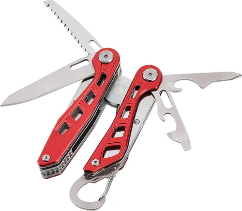 Vista 3 de Amazon Basics Multiherramienta de acero inoxidable 8 en 1 con seguro de bloqueo y funda de nailon, rojo