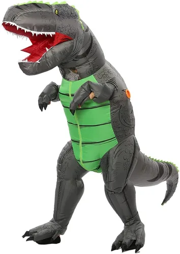 Vista 9 de FUNNY COSTUMES Disfraz de dinosaurio, inflable, traje de T Rex, tamaño adulto, Halloween, autobús escolar, fiesta de dinosaurio T Rex Verde