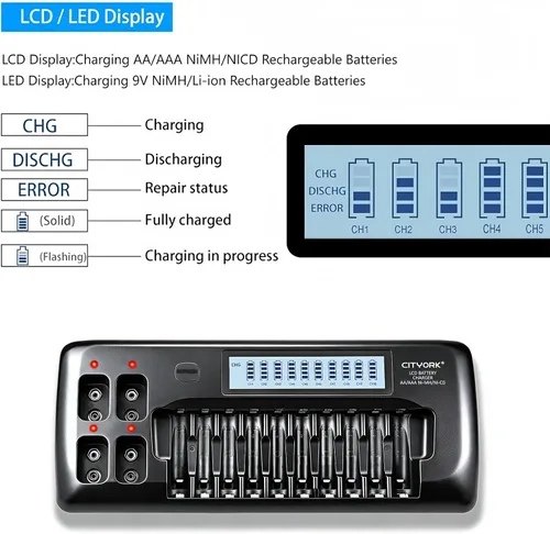 Vista 2 de CITYORK Cargador de batería AA AAA 9V de 10+4 bahías, pantalla LCD inteligente con función de descarga, 10 bahías para baterías recargables AA/AAA