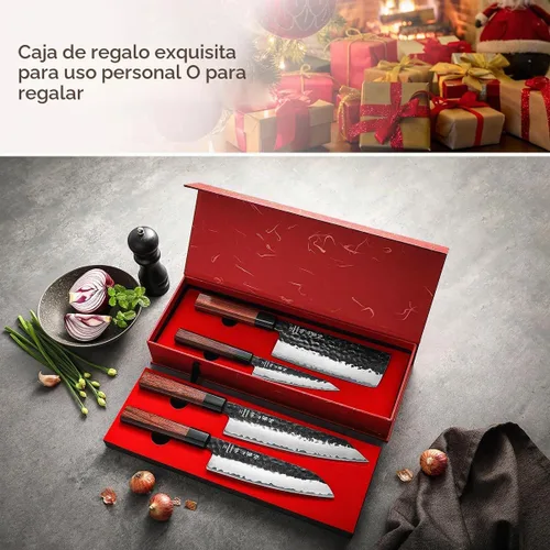 Vista 8 de Juego de cuchillos de cocina 4 piezas, cuchillo de chef de acero revestido Nakiri forjado Santoku, mango octogonal de madera