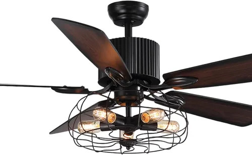 Vista 9 de Ventilador de techo de granja con luces de 52 pulgadas enjaulado Bubble glass shade farmhouse fandelier with walnut blades, quiet DC motor
