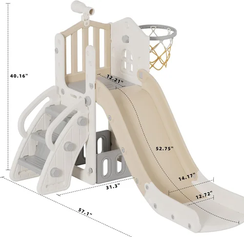 Vista 9 de YUFU Tobogán 5 en 1 para niños pequeños, tobogán para niños con escalador, aro de baloncesto y pelota, juego para interiores y exteriores para niños