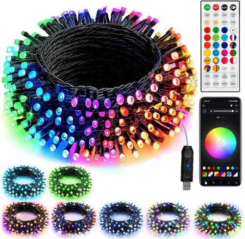 Vista 8 de Dazzle Bright - Luces de Navidad Inteligentes que Cambian de Color, 66 pies, 200 luces LED RGB con control remoto y aplicación, luces de árbol