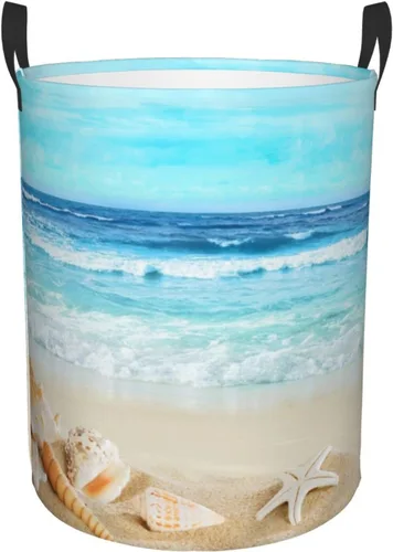 Vista 24 de Cesta de lavandería con diseño de estrellas de mar y flores, impermeable, plegable, con asa duradera, cesta de almacenamiento de ropa sucia redonda