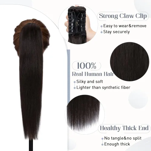 Vista 70 de Rich Choices Extensión de cola de caballo con clip de garra, cabello humano real, una pieza, extensiones de cabello largo Remy para mujer, #18P613