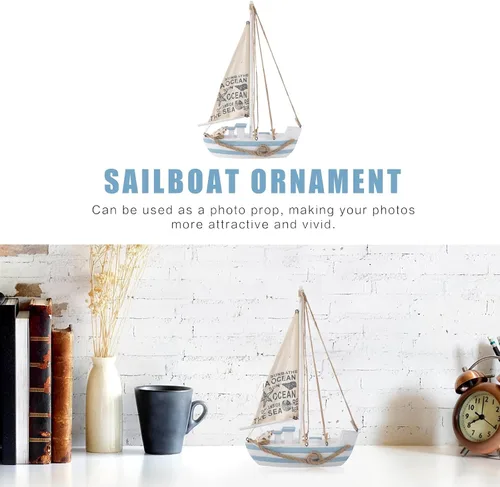 Vista 4 de Modelo de velero de madera, mini LED náutico, conchas náuticas, estatuilla de barco de vela de madera, decoración para el hogar, escritorio