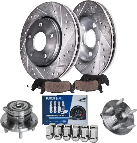 Vista 24 de Detroit Axle – Kit de frenos para VW Passat 15-21, rotores de freno de disco perforados y ranurados de 12.28 pulgadas delanteras y 10.70 pulgadas