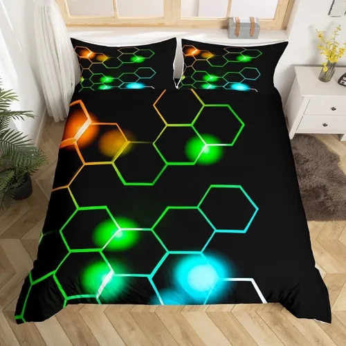 Vista 26 de Feelyou Juego de ropa de cama verde y negro tamaño individual para niños y adolescentes, juego de funda de edredón con temática hexagonal
