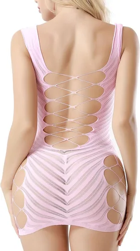 Vista 6 de FasiCat Lencería sexy para mujer de red halter Chemise Deep V Hot Mesh Mini vestido Body