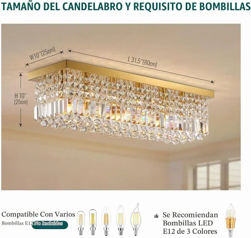 Vista 9 de Siljoy - Candelabro moderno de 6 luces con cristal, dorado, rectangular, con cristales K9, diseño de gota de lluvia, montaje empotrado