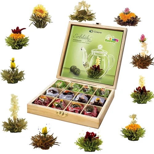 Vista 9 de Creano Abloom Tea - Set de regalo floreciente en caja de madera, 12 piezas en 3 variaciones, negro