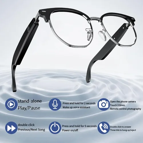 Vista 2 de PUSOKEI Gafas inteligentes, gafas de sol de audio, micrófono y altavoz integrados, protección U V00, auriculares de oído abierto, control táctil