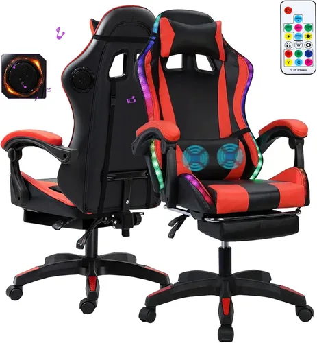 Vista 7 de Silla para videojuegos, silla de videojuegos con luz LED, sillas ergonómicas de masaje para computadora, altura ajustable, con asiento giratorio