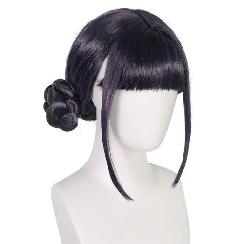 Vista 5 de Peluca negra y morada con 2 moños, pelo corto negro y morado, moños trenzados dobles para mujeres, cantantes, ídolos, personajes, cosplay, pelucas