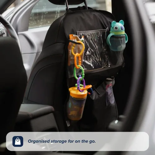 Vista 2 de Nuby Organizador y almacenamiento definitivo para asiento trasero de automóvil, bolsillos, soporte para tableta, clips de juguete y bolsa extraíble