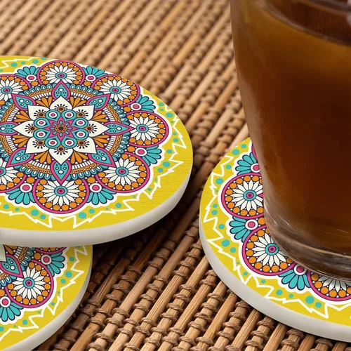 Vista 6 de Portavasos redondo con diseño de mandala de flores para el hogar, mesa de centro chino, oriental, fondo amarillo místico, adorno de asino, posavasos