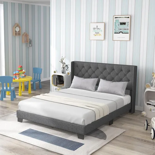 Vista 10 de Giantex Base de cama individual para niños, cama tapizada de tela moderna con cabecera capitoné con botones en la parte trasera de alas, base