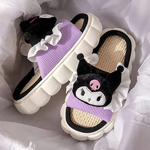 Vista 3 de Pantuflas Kawaii para mujer, zapatos de dibujos animados, cálidas, suaves, antideslizantes, ligeras, de lino, para el hogar