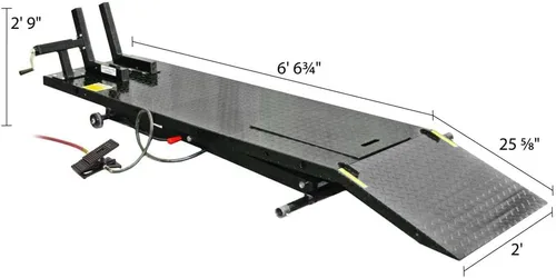 Vista 6 de Mesa de elevación de motocicletas para operar en el aire, con amarre de rueda con cuña y panel desplegable.