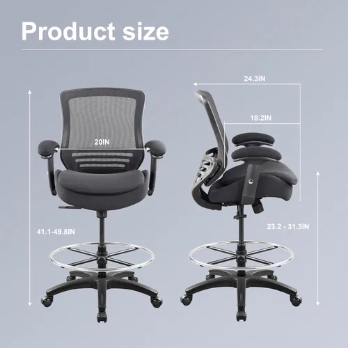 Vista 2 de Silla de redacción de malla para computadora, taburete de escritorio de pie con almohada de apoyo lumbar, reposabrazos ajustable en altura y anillo