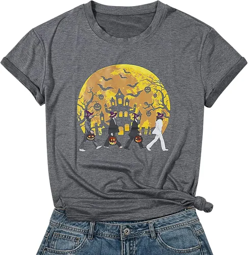 Vista 7 de Camisetas de calabaza de Halloween para mujer divertidas camisetas gráficas de Beatles Road Records camisetas de Halloween para amantes de la fiesta