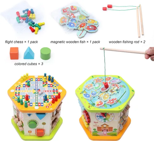 Vista 4 de LAVIEVERT Centro de actividades de cubo de juego de madera 9 en 1, clasificador de formas de laberinto de cuentas multifuncional, juguetes