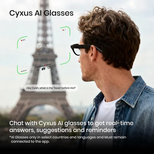 Vista 7 de Cyxus Lentes de cámara inteligente AI, lente de 8 MP, fotos 4K y grabación de video 1080P traducción AI Q&A Traducción TR90 Marco ligero Bluetooth