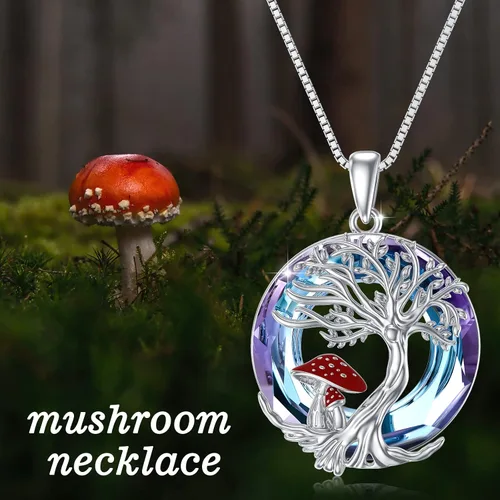 Vista 6 de YOSOPRETTY Collar de seta de plata de ley 925 con colgante de árbol de la vida de rana, caracol, fase lunar, collar con colgante de hongo, joyería