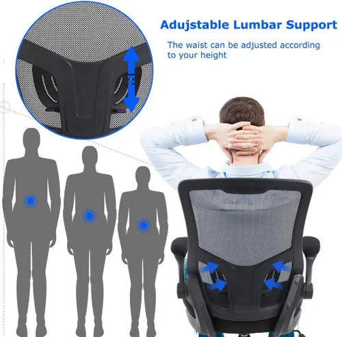 Vista 6 de Silla de oficina ergonómica silla de escritorio de malla para computadora con soporte lumbar brazos abatibles giratorios ajustables a media espalda