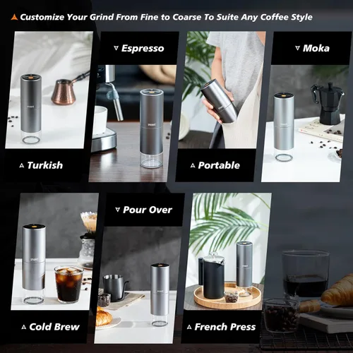 Vista 6 de Molinillo de café eléctrico portátil, molinillo de mano recargable con rebabas cónicas de acero inoxidable, ajustes de molienda ajustables