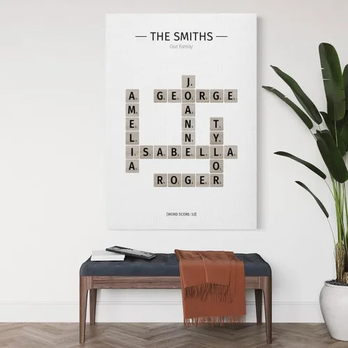 Vista 3 de Decoración de pared personalizada con crucigrama con nombre de familia, impresiones en lienzo personalizadas, impresión enmarcada, regalo