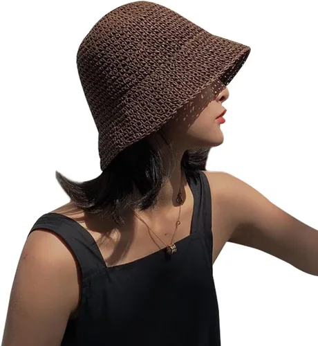Vista 9 de Women Sun Hat Hand-Woven Packable Beach Bucket Hat Summer Floppy UV Protection Hats Beige