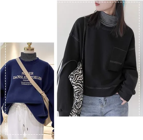 Vista 4 de Joyci - Pechera falsa femenina de cuello alto sólida o rayada exterior o con sudadera con capucha