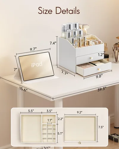 Vista 6 de VLANDO Organizador de maquillaje de 3 capas con 2 cajones grandes para A. Blanco