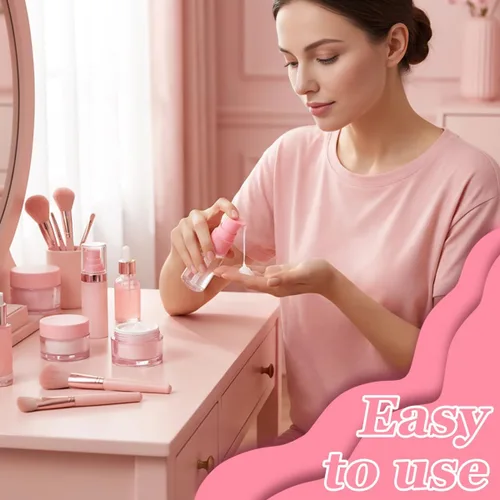 Vista 6 de Botella bomba de loción de plástico transparente de 0.3 onzas líquidas con cabezal de bomba de presión rosa, recipiente vacío para muestras