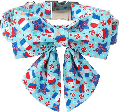 Vista 6 de Maca Bates - Collar de perro con bandera estadounidense del 4 de julio con pajarita para perros, corbatín de 4 de 7 banderas, azul, ajustable